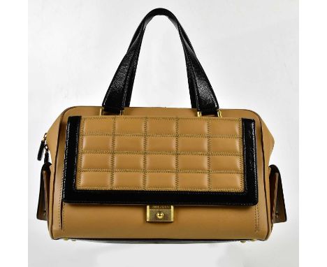 JIMMY CHOO; a caramel coloured soft leather Catherine handbag with quilted front flap to front pocket, trimmed with black pat
