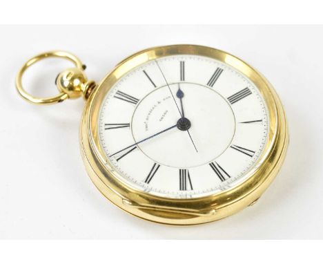 THOMAS RUSSELL &amp; SON; a late Victorian 18ct yellow gold key wind open face pocket watch with Roman numerals to the white 