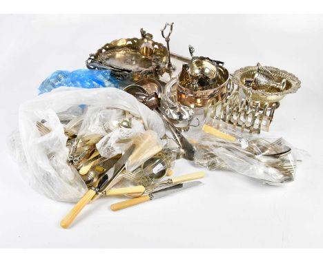 A large quantity of assorted plated items, including cutlery, toast rack, bowls, ladle, sauce boat, etc. 