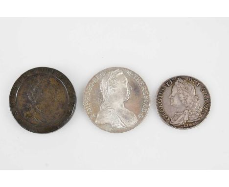 GEORGE II; a silver (Lima) half crown 1745, also Maria Theresa Thaler 1780 coin and a George III cartwheel penny, 1797 (3).