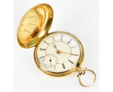 D HYAMS, MANCHESTER; a Victorian 18ct yellow gold key wind full hunter pocket watch, the enamel dial set with Roman numerals 