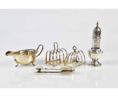 WILLIAM HUTTON &amp; SON; a George V hallmarked silver sugar caster, Birmingham, 1926, with a hallmarked silver sauce boat, p