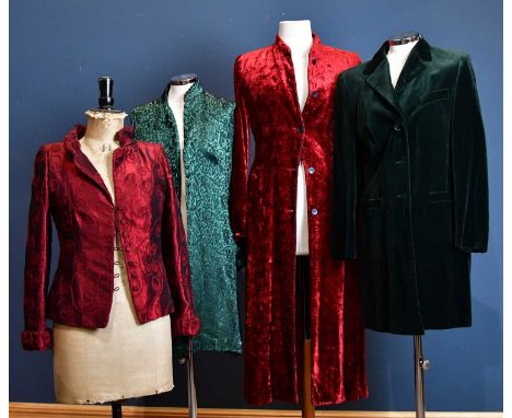 CAROLINE CHARLES, LONDON; a floor length crushed velvet mahogany red evening coat with small collar and button front, size 10