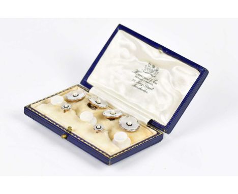 A cased pair of yellow gold mother of pearl faced and seed pearl set cufflinks, a matching pair of shirt studs (approx 8.3g) 
