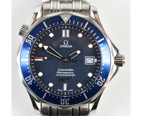 OMEGA; a gentleman's stainless steel Seamaster Professional chronometer 007 edition wristwatch, with blue bezel, the face set