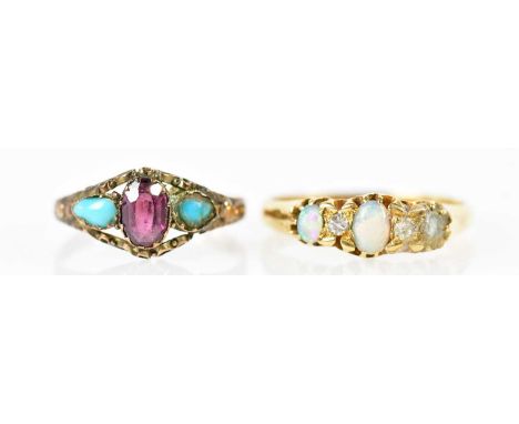 An 18ct yellow gold opal and diamond ring, size Q, approx 2.8g, and a 9ct yellow gold dress ring, approx 1g, af.Condition Rep