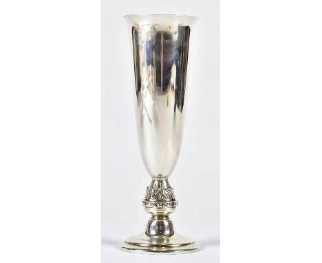 DAVID LAWRENCE SILVERWARE; an Elizabeth II hallmarked silver goblet with flared neck, on a single knop stem with embossed myt