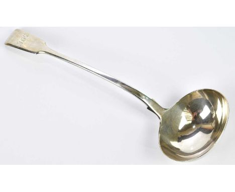 CHARLES WALLACE; a Victorian hallmarked silver soup ladle with engraved initials 'RRG', London 1853, length 34cm, approx 8.7o