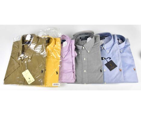 RALPH LAUREN; a blue textured button down Oxford shirt, with tags, collar 16", a similar light blue denim cotton pinpoint Oxf
