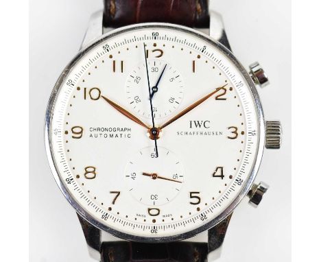 INTERNATIONAL WATCH COMPANY IWC; a gentleman's stainless steel Portuguese chronograph wristwatch, the silvered dial set with 