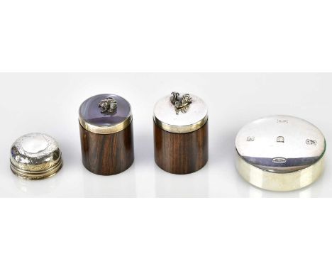 AJ POOLE; an Elizabeth II hallmarked silver paperweight, two coromandel trinket boxes with hallmarked silver mounts with appl