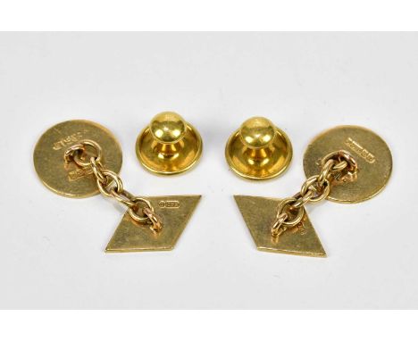 A pair of 9ct yellow gold cufflinks, approx weight 5.3g, together with two 18ct yellow gold shirt studs, approx weight 1.6g.