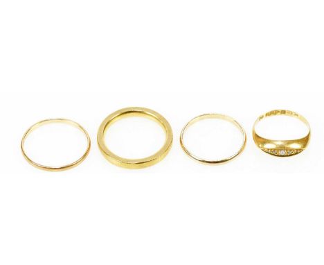 An 18ct yellow gold wedding band, size Q, approx 6.7g, an 18ct yellow gold and diamond chip ring, size K1/2, approx 1.8g, and