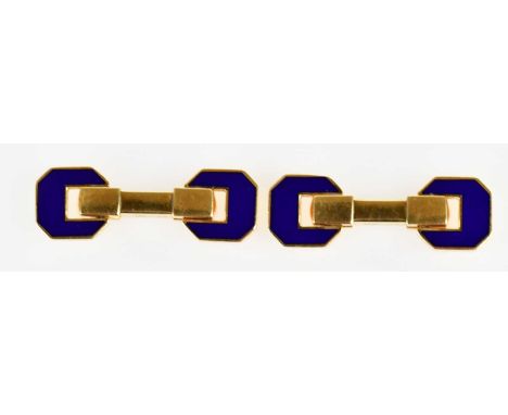 IN THE STYLE OF CARTIER; a pair of 18ct yellow gold and dark blue enamelled cufflinks with hinged platforms, approx 15.7g.