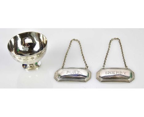 FRANCIS HOWARD LTD; a pair of Elizabeth II hallmarked silver decanter labels, sherry and port, Sheffield 1975 and a Continent