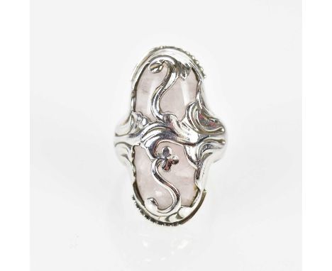 GEORG JENSEN; a sterling silver and rose quartz dress ring in the Art Nouveau style, size G 1/2, approx. 12g.