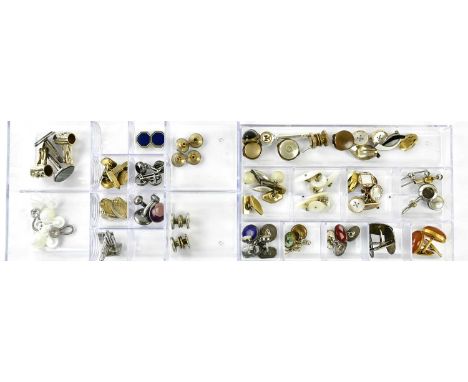 A collection of assorted cufflinks, shirt studs and earrings, including a pair of Norwegian silver and guilloche enamel cuffl