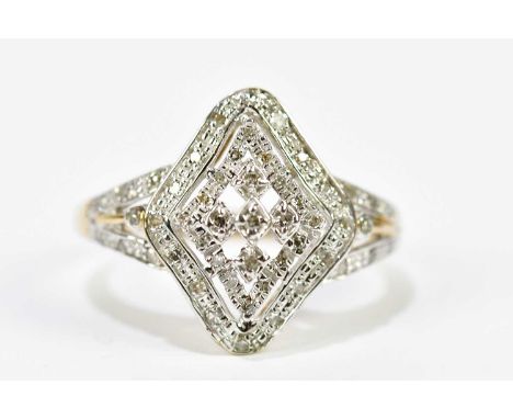 A 9ct yellow gold and diamond ring with pierced lozenge shaped platform, totalling approx. 0.25ct, size R, approx. 2.7g.Condi