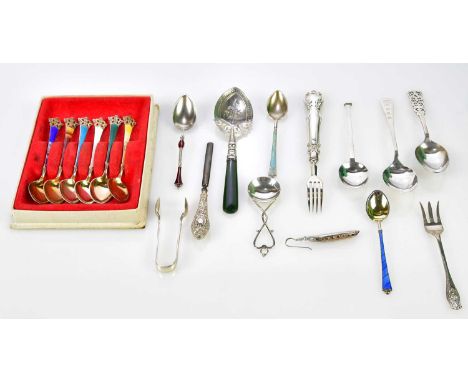 Six Norwegian sterling silver and enamel teaspoons and an enamel teaspoon, possibly Russin, two further enamel and silver tea