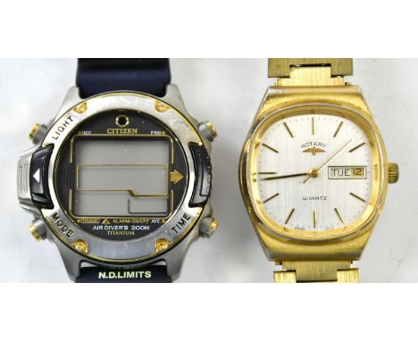 ROTARY; a gentleman's gold plated quartz wristwatch, the silvered dial set with batons and subsidiary date aperture, width 34