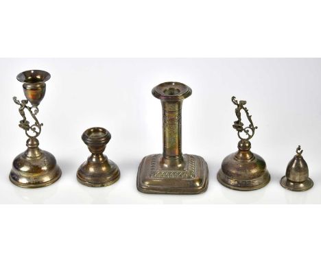 ELLIS &amp; CO; a George V hallmarked silver candlestick with applied swags and bows, London 1932, a pair of sterling silver 