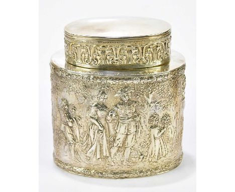 A late 19th century Dutch silver oval tea caddy decorated throughout with figures in a landscape, height 11cm, approx 6.3ozt 