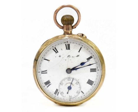 A 9ct yellow gold crown wind fob watch, the enamel dial set with Roman numerals and subsidiary seconds dial, diameter 30mm, a