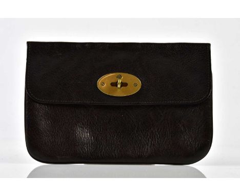 MULBERRY; a dark brown Congo thick leather pouch with brass tone front turn lock closure embossed with the Mulberry tree and 