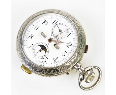 A 19th century Continental crown wind open face repeating pocket watch, the enamelled set with Arabic numerals and four subsi