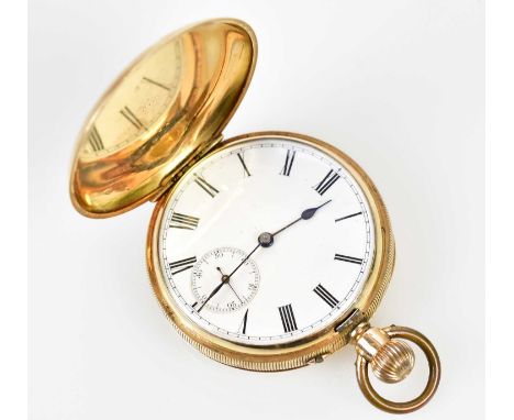An early 20th century crown wind full hunter yellow metal pocket watch stamped '14K', the outer case with engine turned decor
