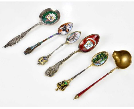 A group of three Continental enamelled spoons, each stamped 800, a Scandinavian ladle stamped 930, a further spoon stamped st