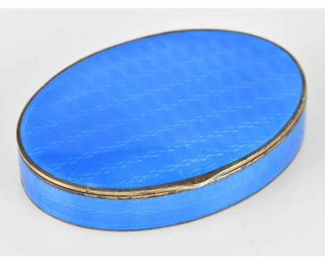 ASPREY; a hallmarked silver and blue guilloche enamel oval snuff box with gilded interior, import marks for 1930, width 6cm.P