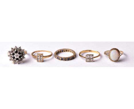 Five yellow metal and gold rings, two set with diamonds, one set with opal, various sizes, combined approx 13.8g (5)