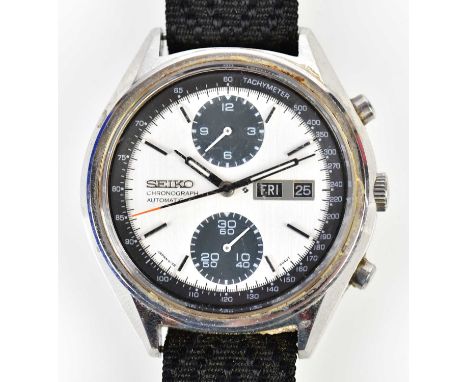 SEIKO; an early 1970s automatic chronograph with day/date detail and twin subsidiary dials to the main dial, inscribed 'Japan