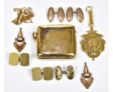 A 9ct yellow gold vesta case, 25.6g, a pair of 9ct yellow gold cufflinks, 4.2g, a 15ct yellow gold presentation shield shaped