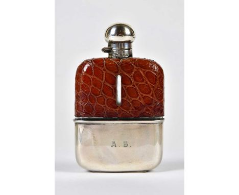 H GREAVES LTD; a George V hallmarked silver and crocodile skin effect mounted hip flask with detachable silver cup, Sheffield