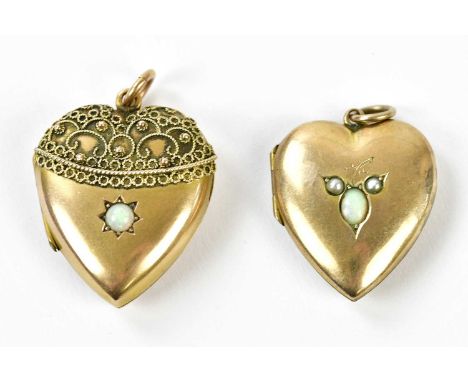 Two 9ct yellow gold heart shaped pendant lockets, one set with opal cabochon, the second with opal and twin pearls, combined 