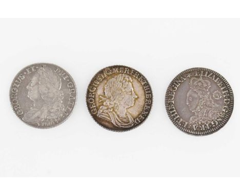 An Elizabeth I silver sixpence (large broad bust) 1762, with a George I silver shilling (first bust) 1723, George II (Lima) s