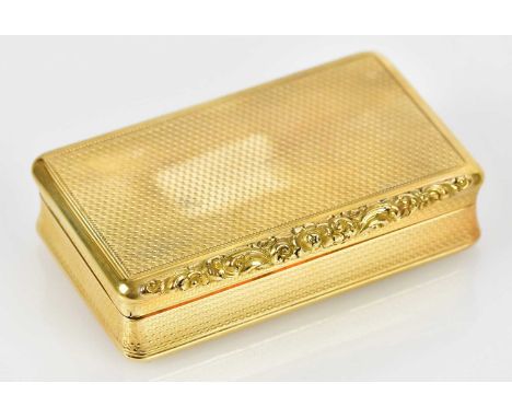 ALEXANDER STRACHAN; a William IV 18ct yellow gold snuff box with engine turned decoration, inscribed 'To Dr Jones from The Fa