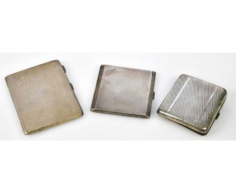 JOSEPH GLOSTER LTD; a George VI hallmarked silver cigarette case with engine turned decoration and engraved initials 'R&amp;F