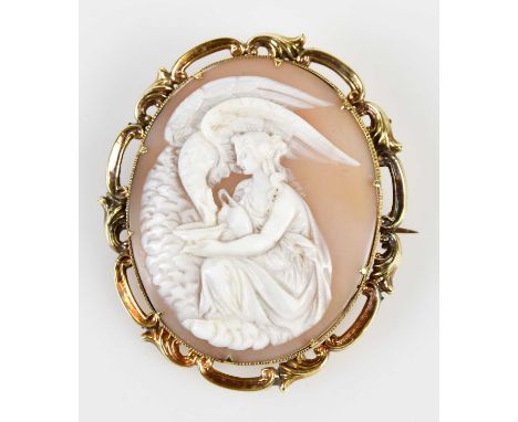 A Victorian oval cameo brooch depicting Leda and The Swan within a yellow metal frame, 55 x 47mm (af)Condition Report: There 