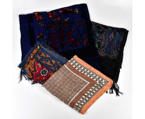 LIBERTY; a large 100% wool multicoloured floral scarf with blue fringed edging, 120 x 120cm, a Liberty beige, cream and light