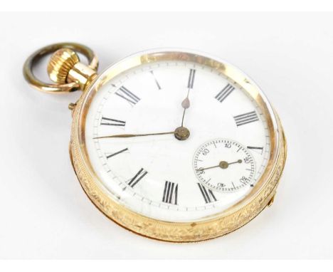 A 14ct yellow gold crown wind fob watch with Roman numerals and subsidiary seconds hands to the white enamel dial and with ba