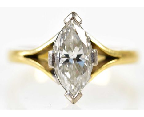 An 18ct yellow gold diamond solitaire ring, the marquise cut stone approx 1ct, size I, approx 3.7g.Condition Report: The ston