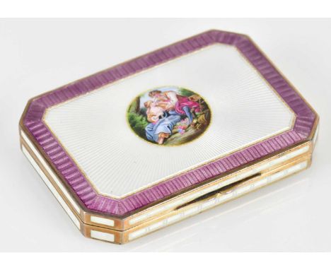A fine large Continental silver and enamelled snuff box of rectangular form, the central panel decorated with a loving couple
