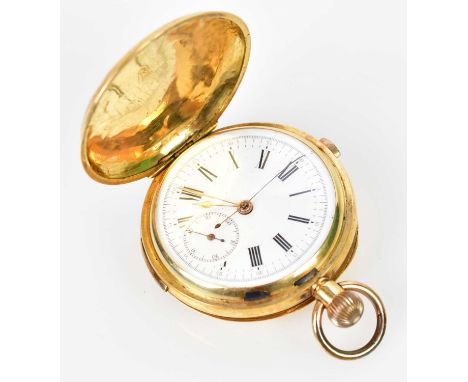 A Continental yellow metal crown wind repeating full hunter pocket watch stamped '18K', the enamel dial set with Arabic and R