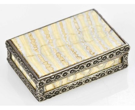 An early 19th century mammoth tooth and tortoiseshell snuff box with a white metal border, of rectangular form with embossed 