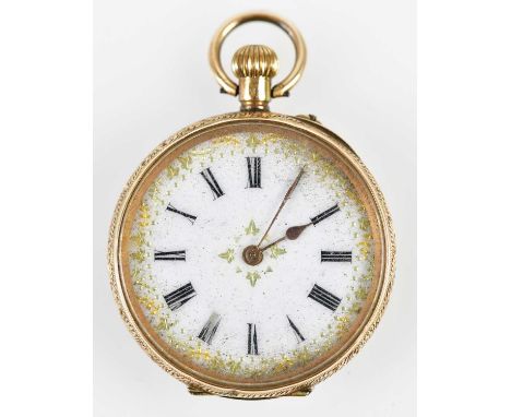 A 14k lady's fob watch with white enamel dial set with Roman numerals, diameter 30mm, approximate weight 26.8g.