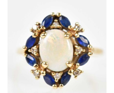 A 14ct yellow gold opal, sapphire and diamond cluster ring, size S1/2, approx. 5.3g.N.B. The ring head approx. 18.2 x 16.6mm.