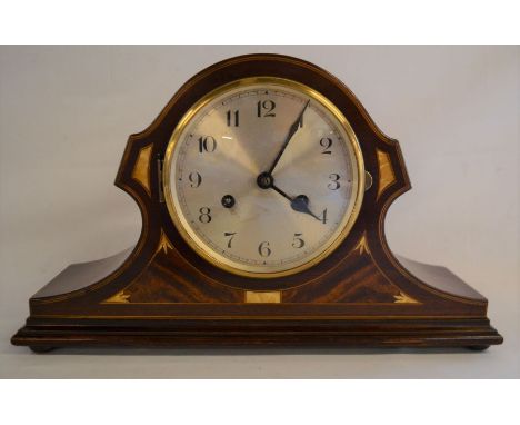 Striking mantel clock with German movement in a mahogany case inlaid with mother of pearl L 41cm Ht 24cm